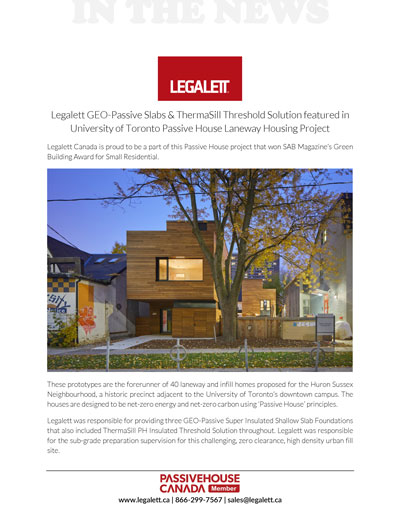 Passive House UofT Laneway Homes use GEO-Passive Slabs and ThermaSill PH Threshold Solutions