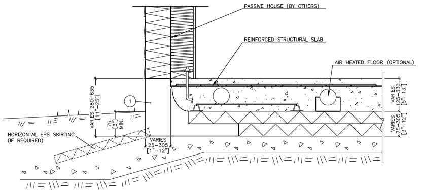 Passive House Technical Drawing with Reinforced Structural Slab and Air-Heated Floors